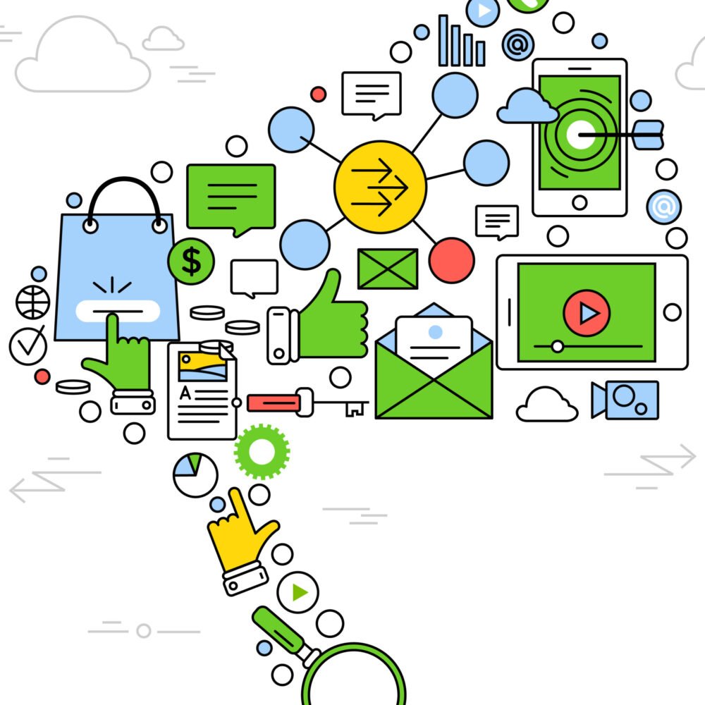 Digital marketing poster with isolated colored icon set are integrated as a speaker vector illustration